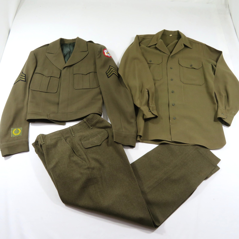WW2 US Army Uniform Sz 36 Ike Jacket Patches Pants & Shirt Green Vintage 1940s